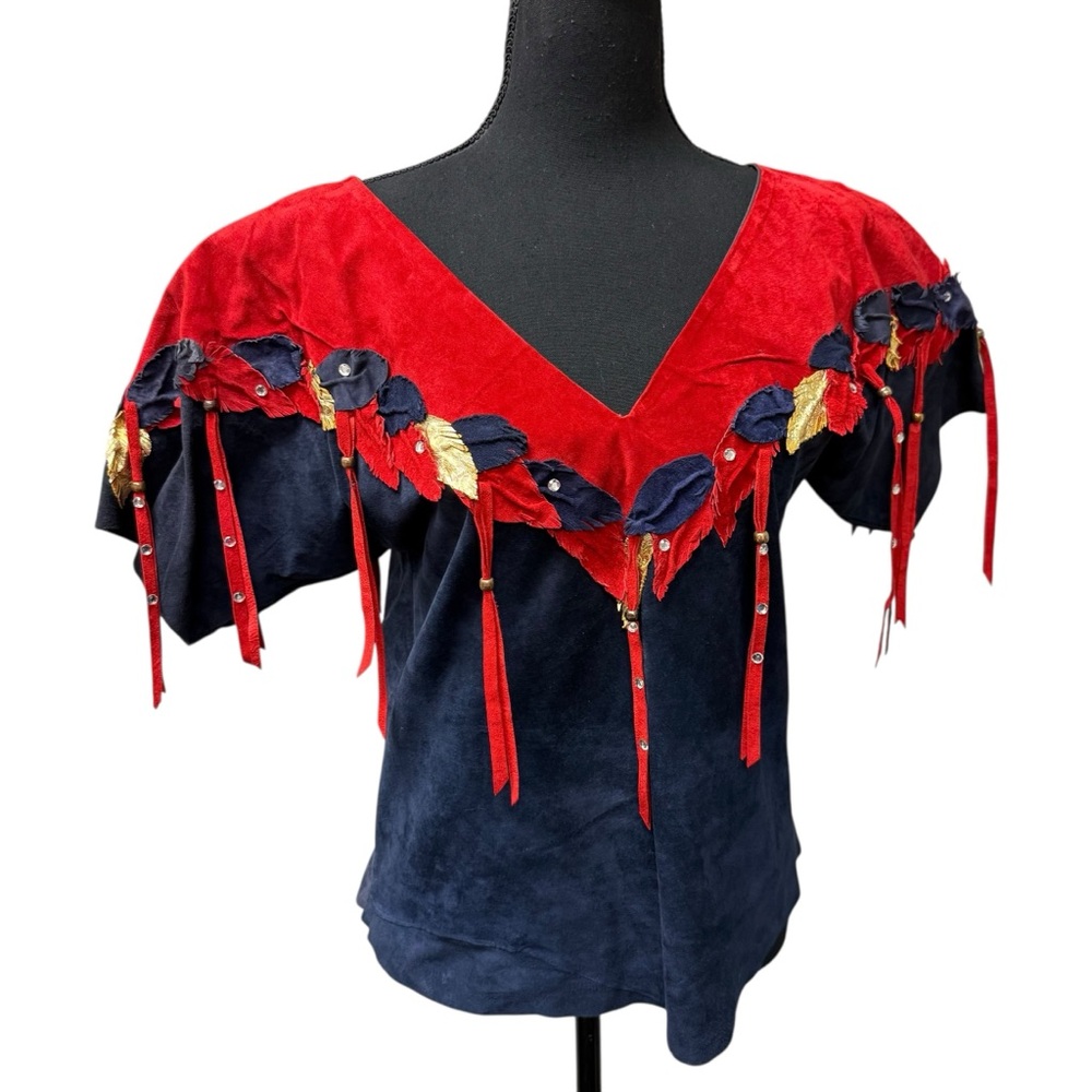 Wildfire Suede Western Top Red Navy Fringe Embellished Rodeo Shirt Boho